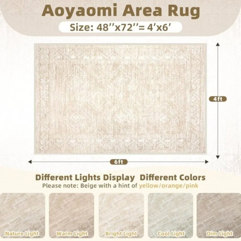 New 4x6 Beige Moroccan Area Rug, Washable Non-Slip Carpet for Entry & Room Decor